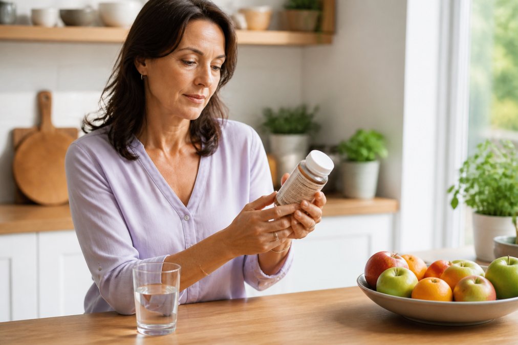 A woman in her forties reading a supplement label in a bright kitchen, with a glass of water and a small bowl of fruit on the counter