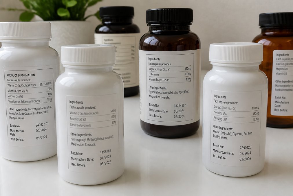 Selection of supplement bottles displayed on a clean white surface, showing various clean-label packaging with clearly readable ingredient lists, batch numbers, and manufacturing dates visible