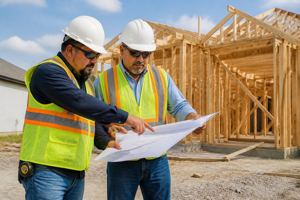 Professional construction workers in hard hats and safety vests reviewing architectural blueprints on a residential property with wood framing visible in the background, natural daylight