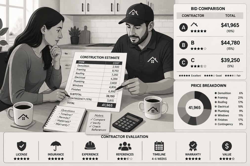 Homeowner and contractor sitting at a kitchen table reviewing a detailed construction estimate document with coffee cups and handwritten notes visible, natural window lighting