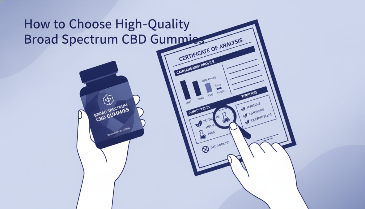 Close-up of hands holding a CBD gummy bottle while reviewing a certificate of analysis document on a wooden table with natural sunlight