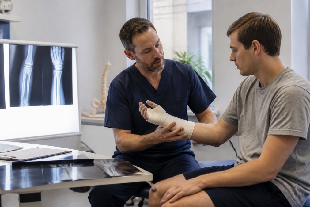 Orthopaedic specialist examining patient's arm injury in modern medical clinic with diagnostic imaging visible on desk