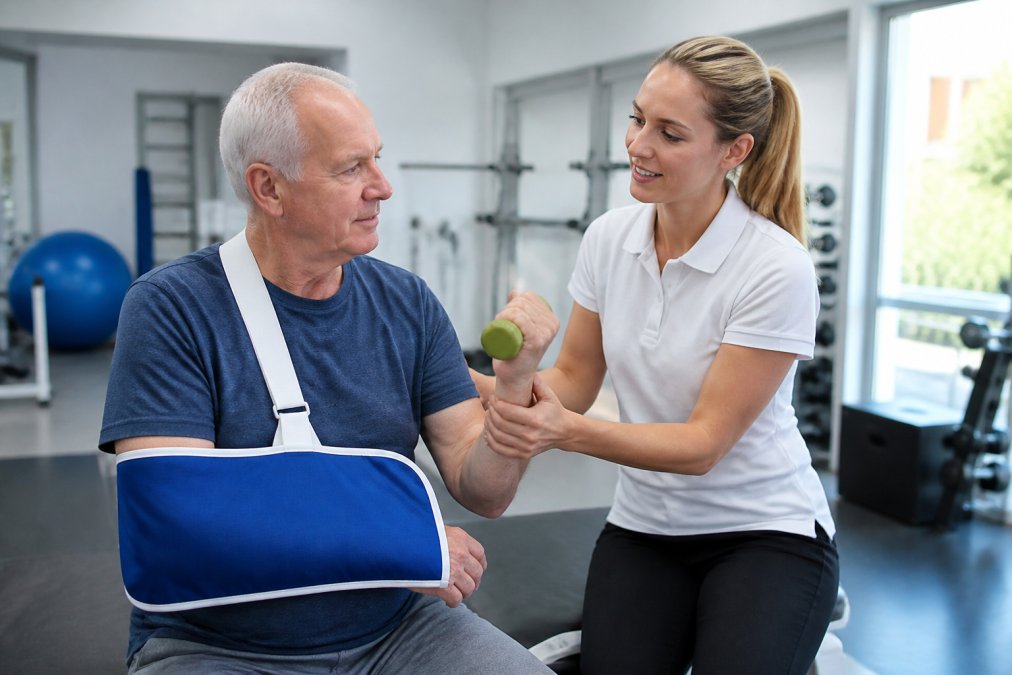 Physiotherapist working with patient on arm rehabilitation exercises in bright rehabilitation clinic with exercise equipment visible