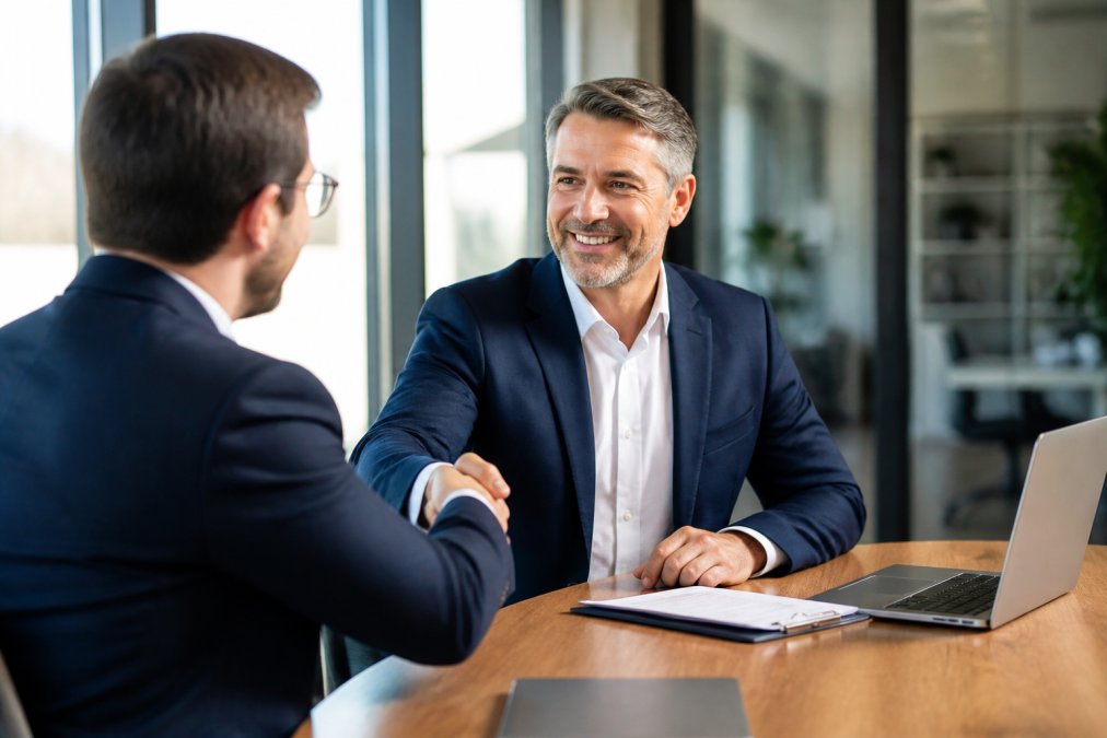 Financial advisor and consultant reviewing a broker dealer transition plan on a laptop in a modern office