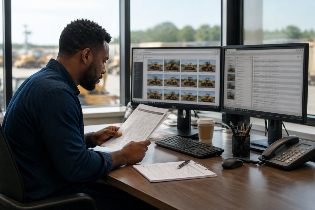 Fleet manager reviewing equipment documentation at a desk with multiple monitors displaying equipment listings and market data in a modern office with natural light
