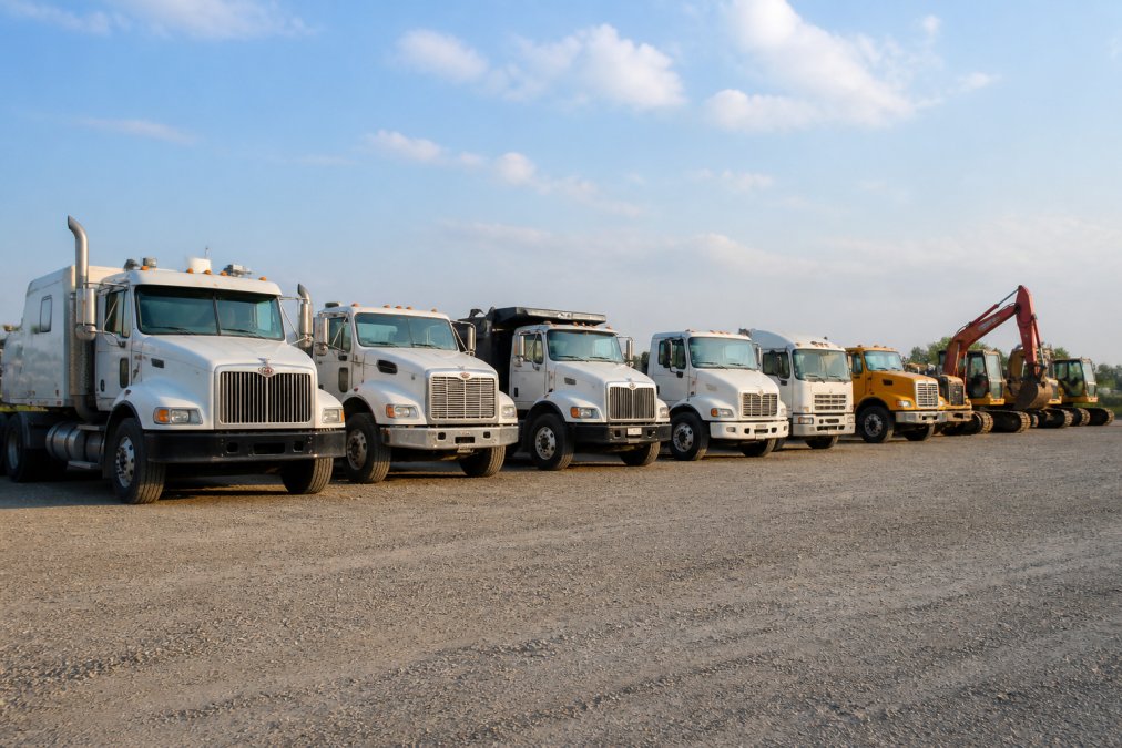 Heavy equipment yard with trucks and machinery lined up showing various vehicles ready for sale or disposition, with natural daylight illuminating the assets