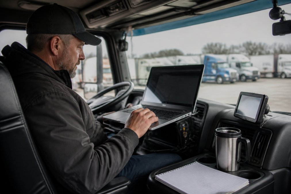 Owner-operator driver reviewing load board options on a laptop mounted in truck cab, with coffee, GPS device, and logbook visible on dashboard