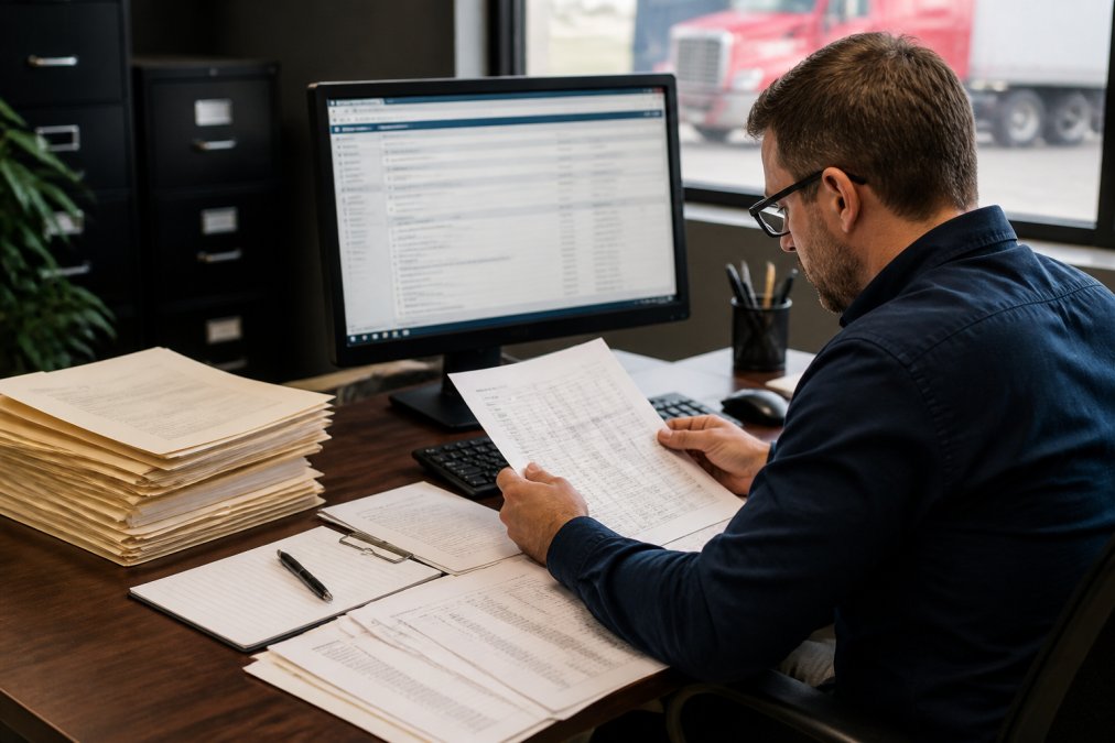 Professional reviewing broker financial documents and credit reports at desk with computer, filing materials, and FMCSA database open