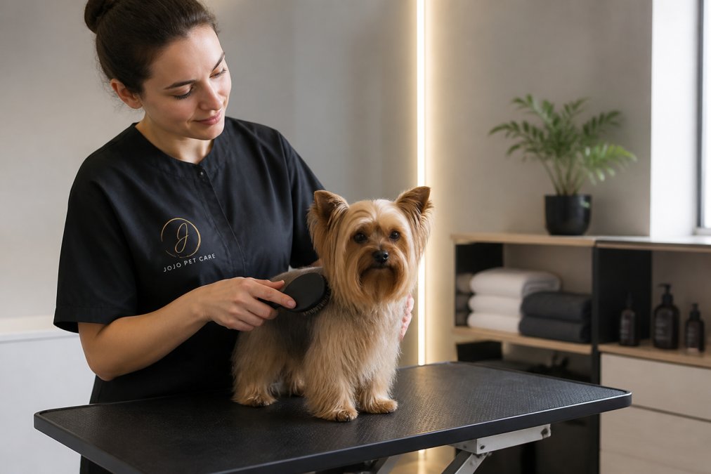 Infograafika, mis selgitab stressivaba koerte grooming protsessi etappe rahulikus salongikeskkonnas.