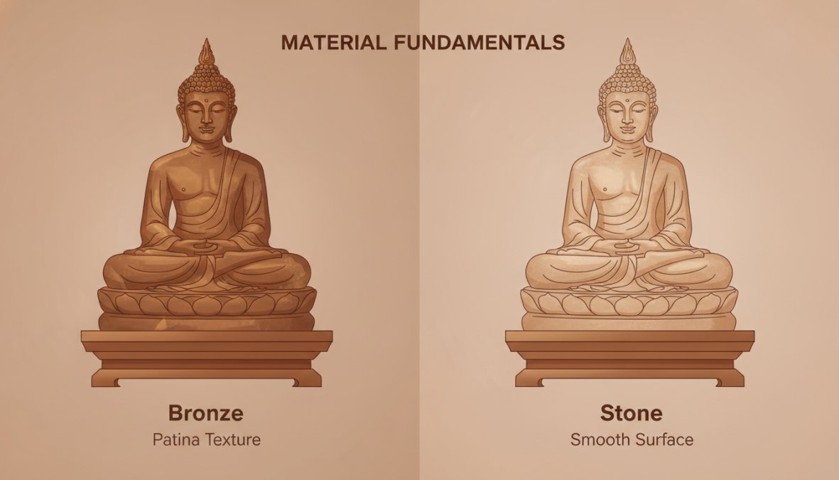 Close-up of a bronze Buddha statue with visible patina texture next to a marble stone Buddha statue showing smooth surface, both positioned on wooden altar table with soft diffused lighting