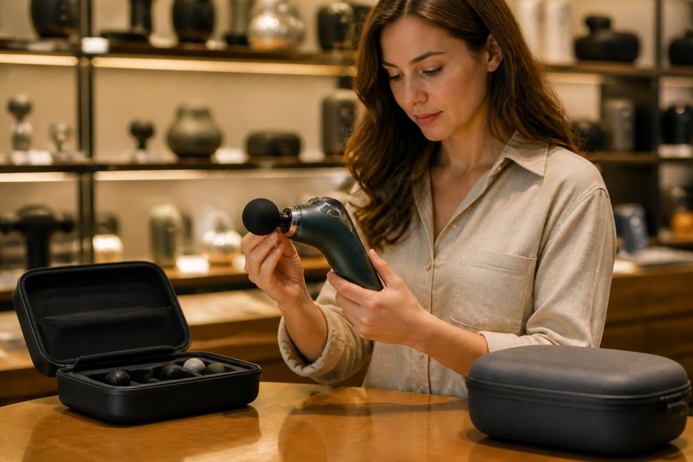 Person's hands carefully examining a sleek massage device on a polished retail counter, with soft ambient lighting highlighting the product's premium design and materials