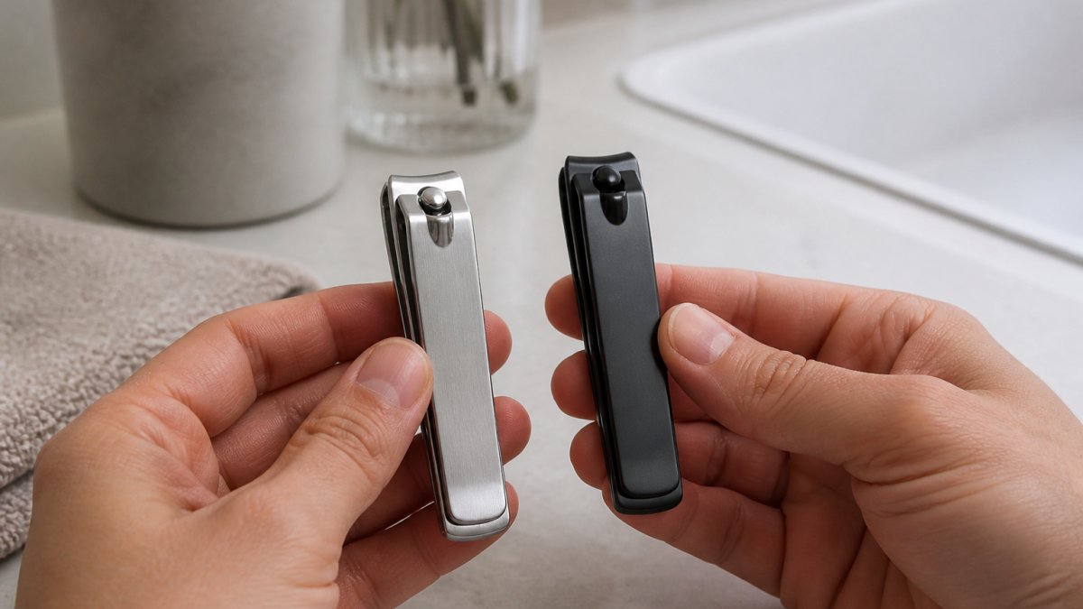 Close-up of a person's hands holding two nail clippers side by side, one brushed stainless steel and one matte anodized finish, on a clean bathroom counter with soft natural light