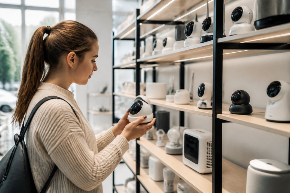 Person examining innovative home gadgets and smart devices displayed on modern shelving in a bright, minimalist retail environment with natural lighting