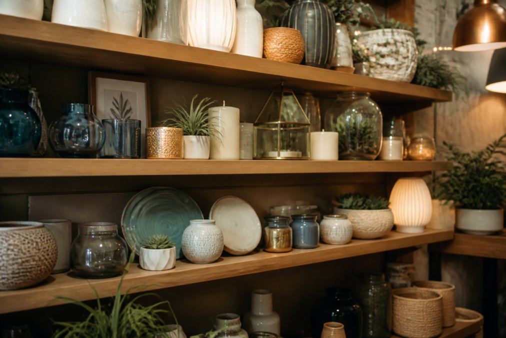 Carefully curated display of unique home decor items, handcrafted goods, and distinctive gift-worthy products arranged on wooden shelves with warm lighting