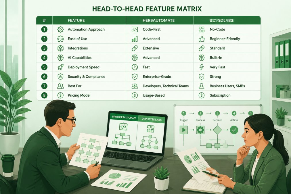 Two business professionals in a modern office comparing documents and a laptop screen, with a whiteboard showing workflow diagrams in the background