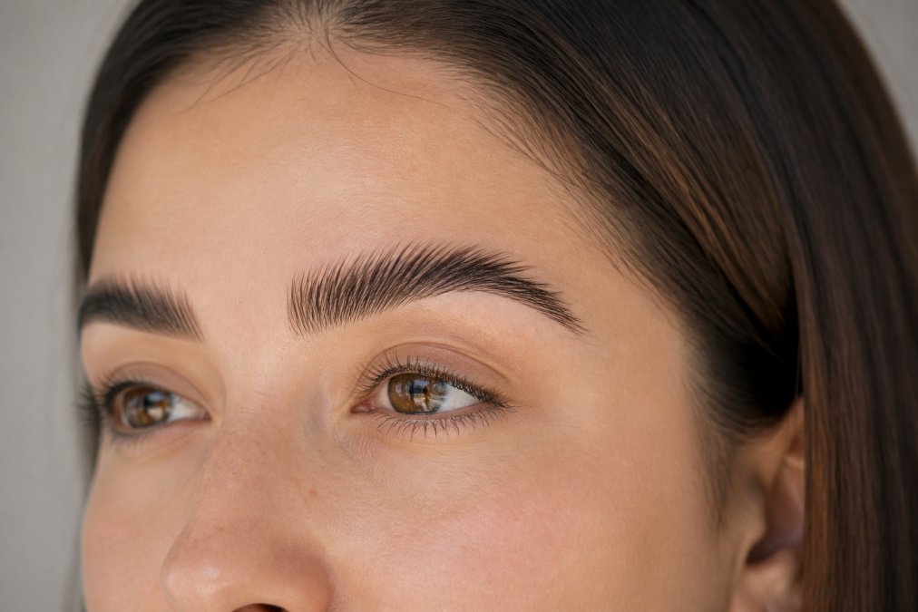 Close-up of a woman's face showing perfectly styled, brushed-up brows with a natural fluffy look, soft natural lighting on her skin