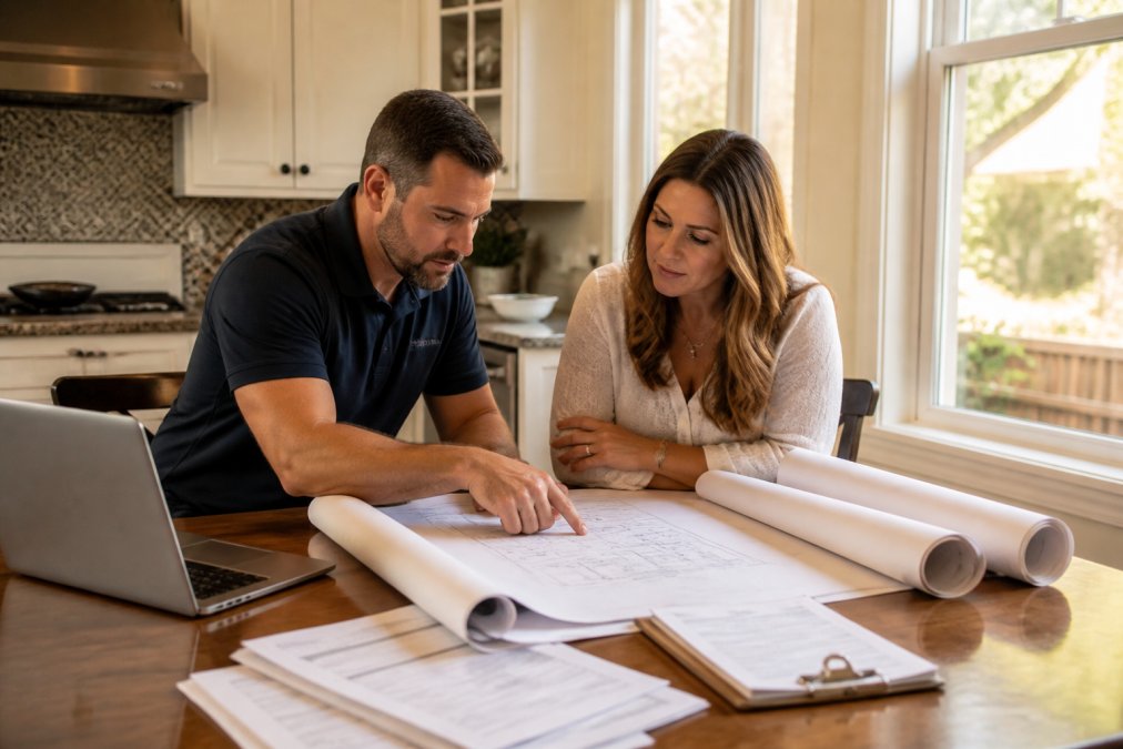 A contractor and homeowner reviewing rolled building plans and permit documents together at a kitchen table, a laptop showing an online permit portal open nearby, warm afternoon light through the window
