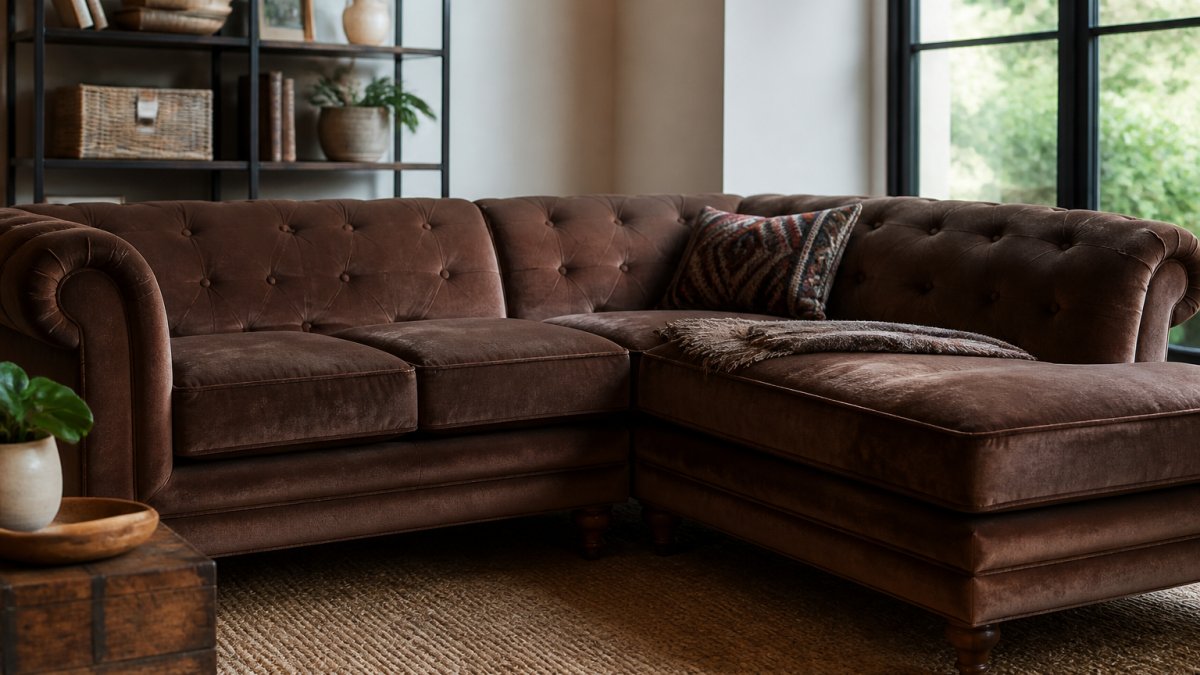 Diagram detailing the design features and fabric quality of brown velvet corner sofas with button accents.