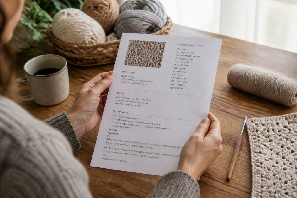 Close-up of hands holding a printed crochet pattern PDF with stitch abbreviations, gauge swatch, and a crochet hook on a wooden crafting desk with natural morning light