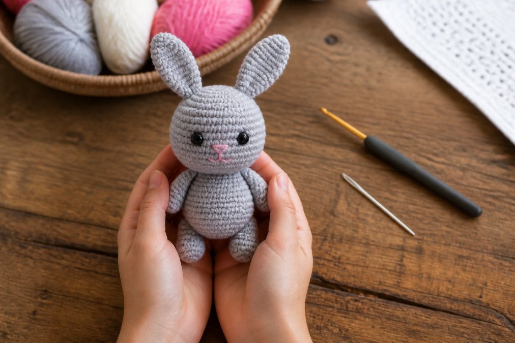 Hands holding a finished amigurumi bunny toy with embroidered facial details, soft gray yarn, crochet hook, and tapestry needle arranged on a wooden crafting table with warm natural lighting