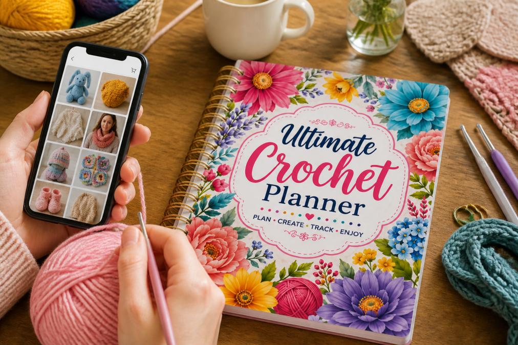 Close-up of someone's hands scrolling through crochet patterns on a smartphone while holding yarn and a crochet hook at a crafting table