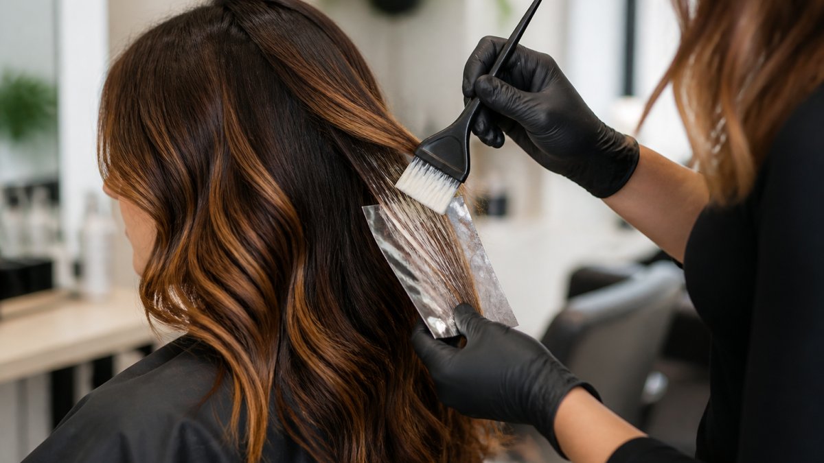 Step-by-step process of applying caramel and chocolate brunette hair color balayage for added dimension.