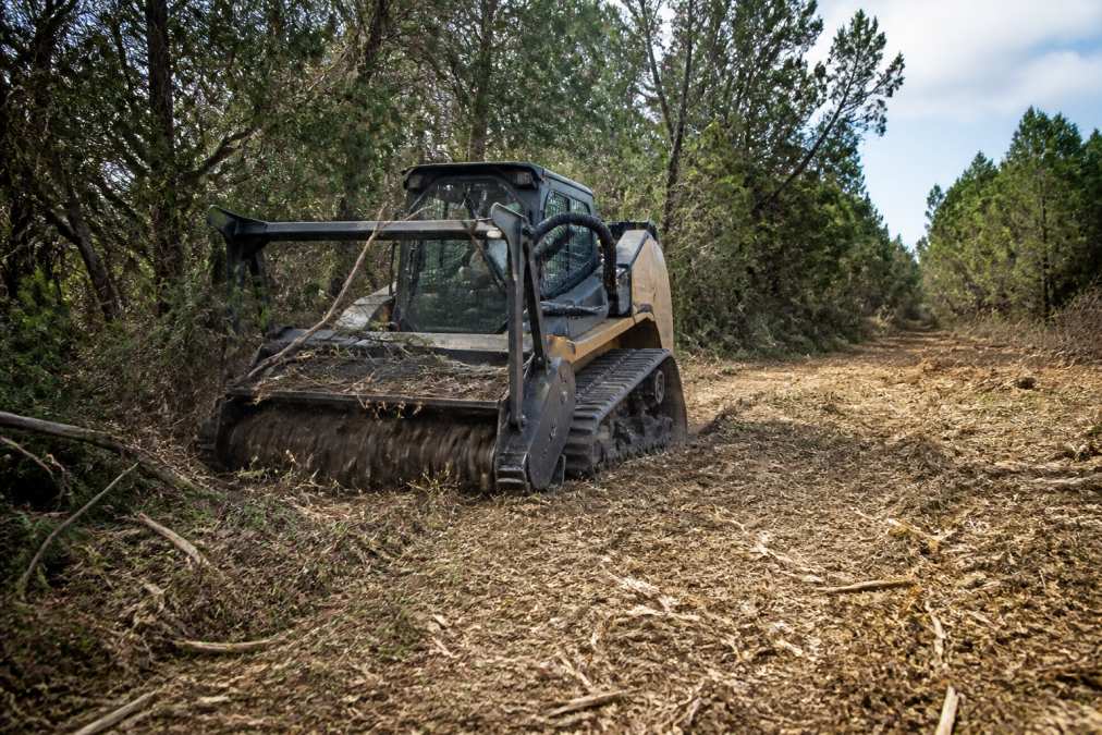 Forestry mulcher performing brush clearing on dense East Texas cedar with fresh mulch left on the path