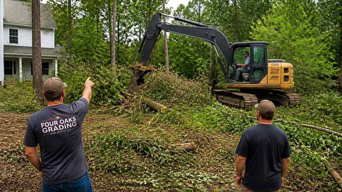 Professional excavator clearing dense brush and overgrown vegetation from a residential property, with crew members visible directing equipment removal of fallen trees and dense undergrowth