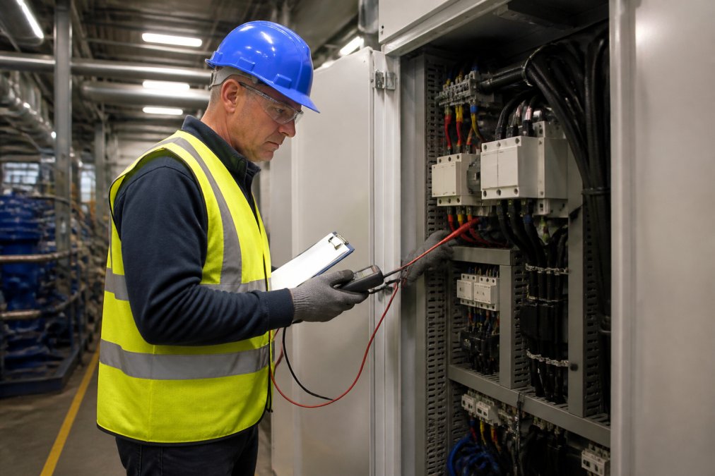Site supervisor in high-visibility clothing conducting an on-site electrical safety inspection, examining cables and switchgear with a clipboard and testing device in a modern industrial facility with bright overhead lighting