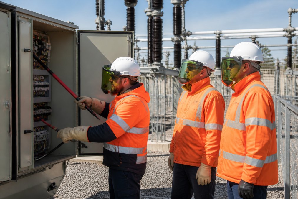 Trainer and construction workers on an active site conducting hands-on demonstration of safe electrical work practices near live equipment with proper protective measures and visible warning signs in daylight