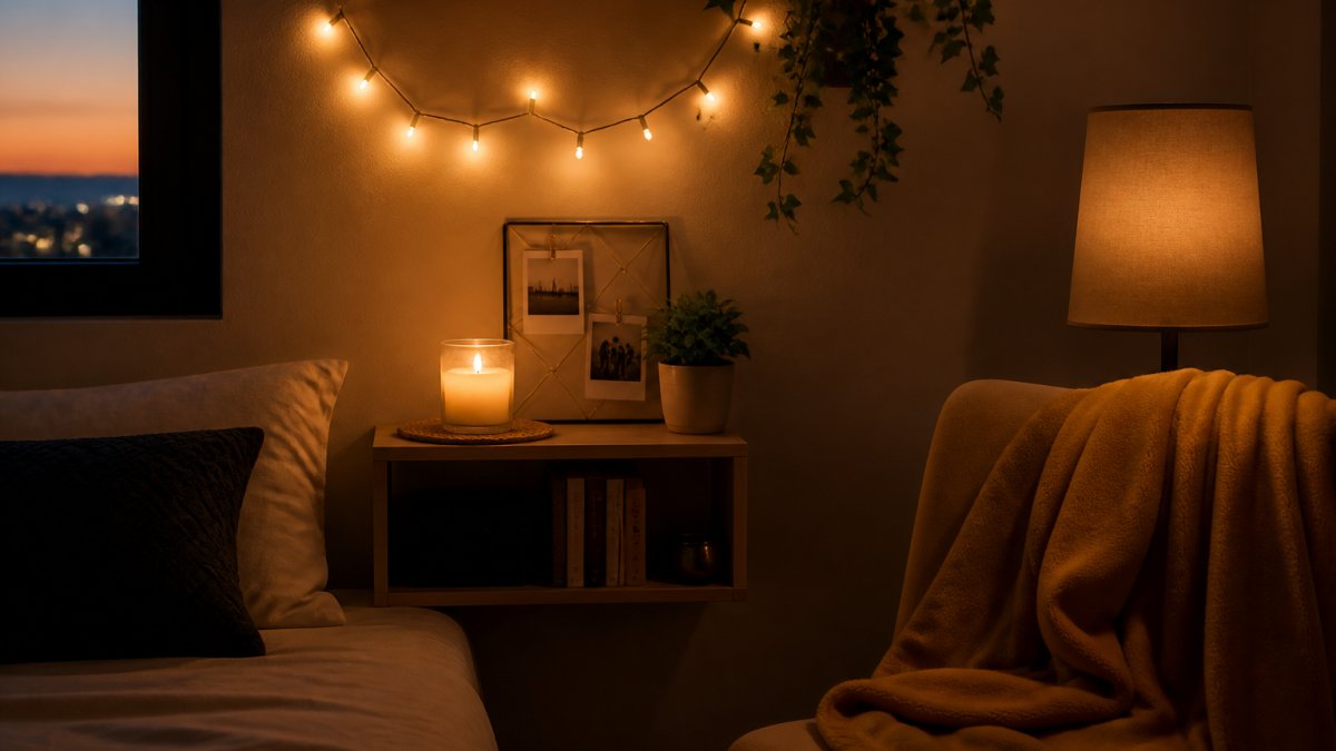A warmly lit bedroom corner at dusk with a small shelf holding a lit soy candle in a glass jar, a string of fairy lights draped above, and a folded mustard-yellow fleece throw over a chair