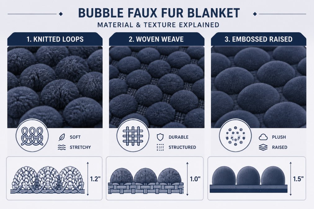 Close-up comparison of three bubble blanket textures side-by-side, knitted loops, woven weave pattern, and embossed raised surface, showing depth and construction differences