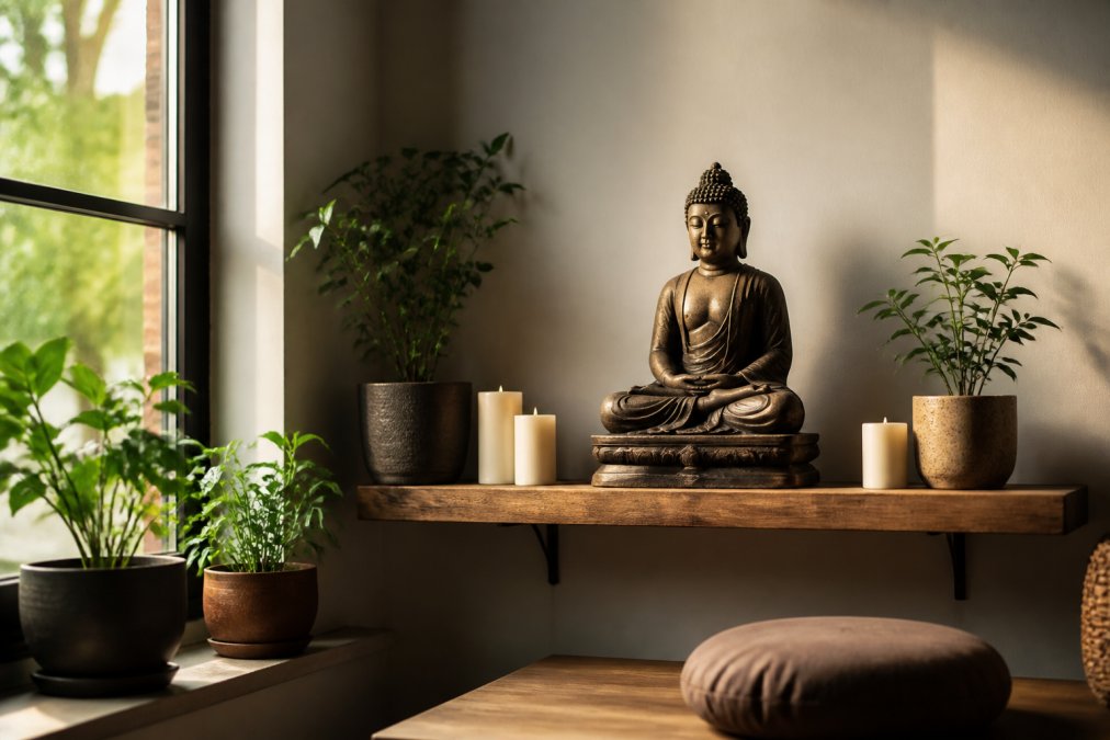 Serene meditation corner with a Buddha statue on a wooden shelf positioned at eye level, soft natural light streaming through a nearby window, surrounded by potted plants and unlit candles, creating a peaceful sanctuary atmosphere