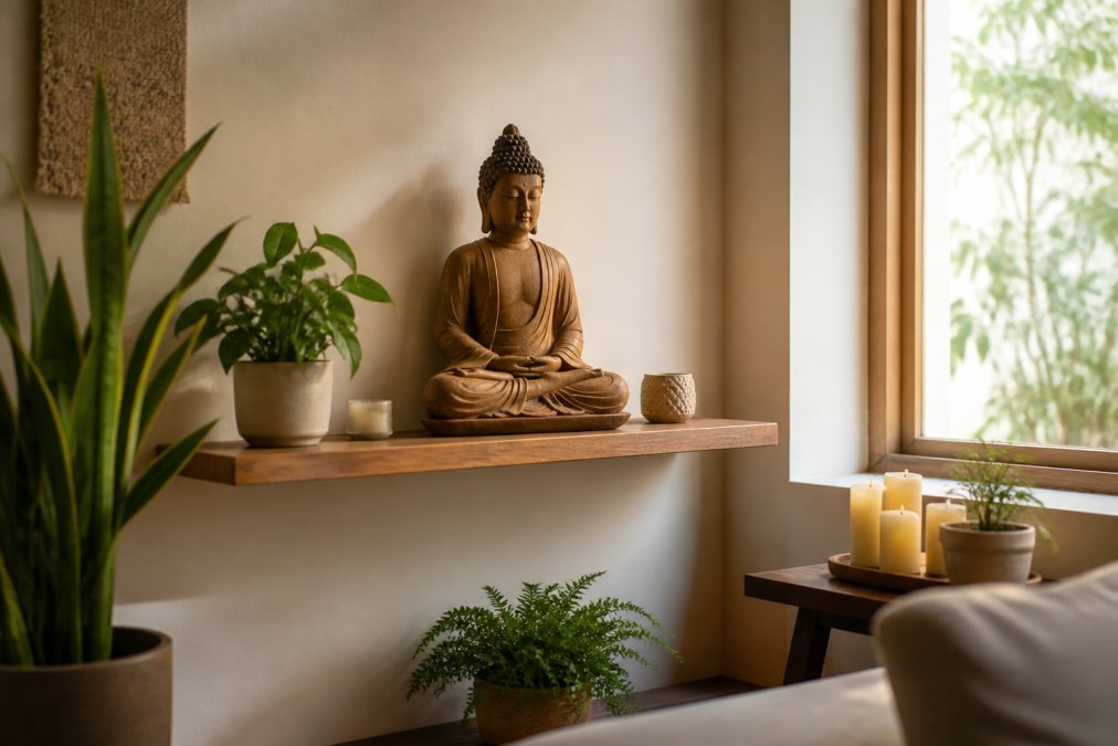 Professional illustration showing Serene, Buddha for buddha statue at home
