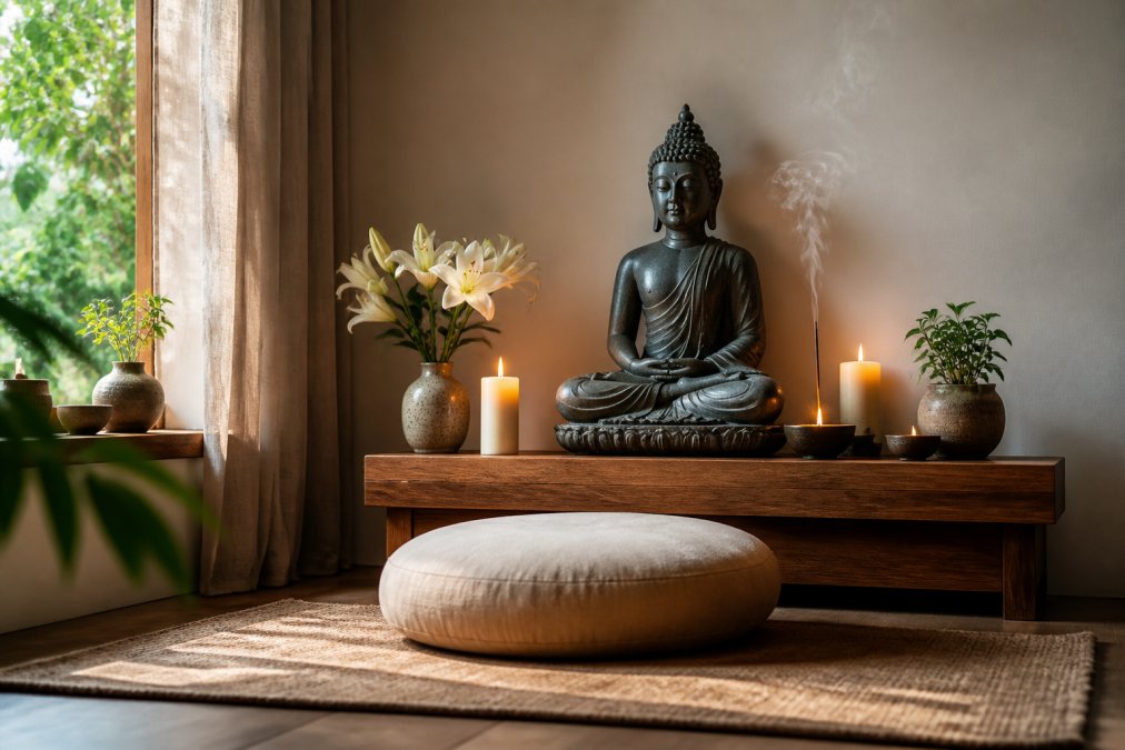 A serene home altar with a Buddha statue as the centerpiece, positioned on a wooden shelf and surrounded by lit candles, fresh white flowers in a simple vase, burning incense with visible smoke, and a meditation cushion placed in front, bathed in soft natural light from a nearby window
