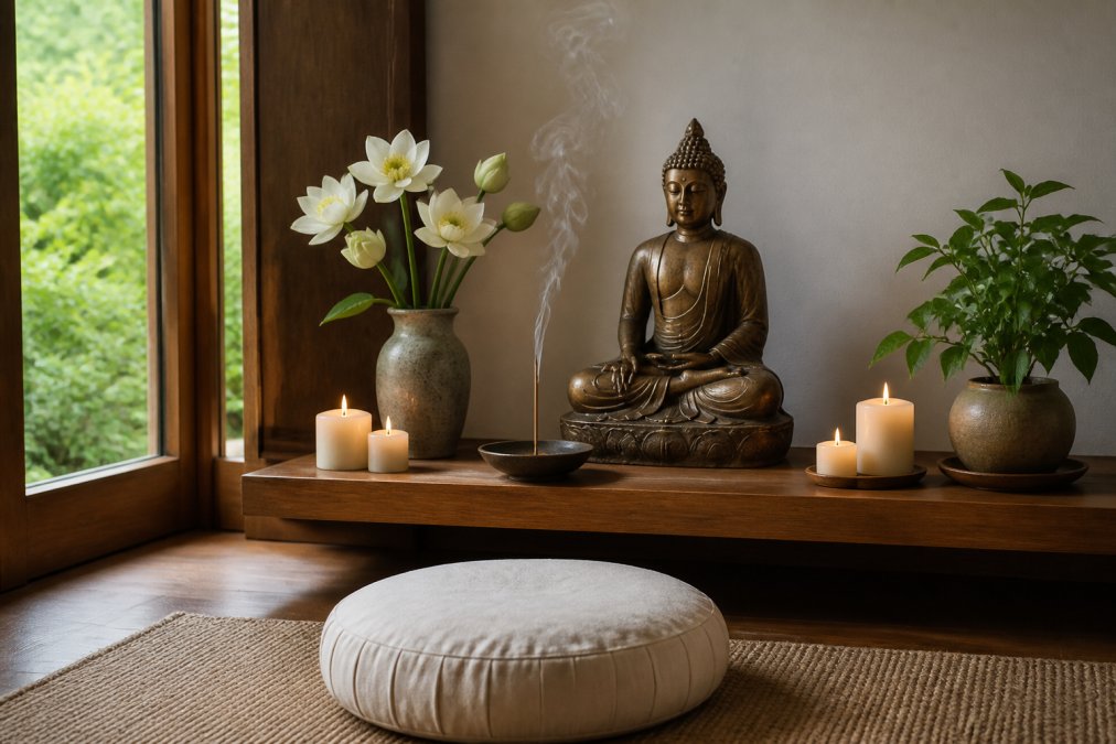 Professional illustration showing Buddha statue wellness