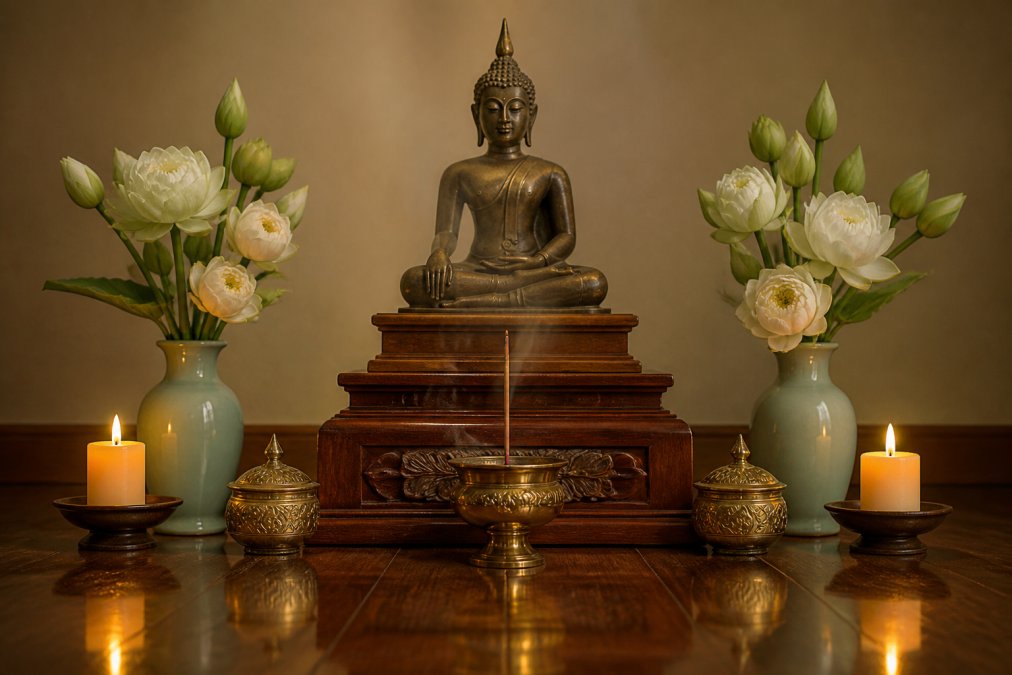 Close-up of a carefully arranged altar featuring a Buddha statue elevated on a polished wooden shrine with fresh white flowers in a ceramic vase, incense holder with burning stick, and devotional items arranged symmetrically on either side, with soft warm candlelight illuminating the sacred display