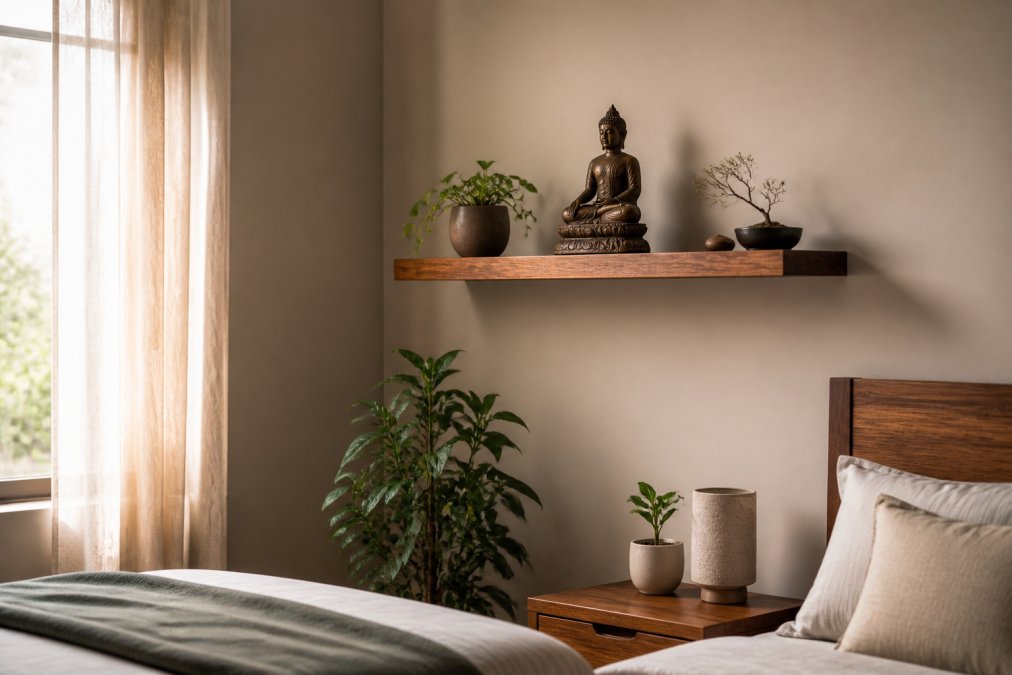 Serene bedroom corner featuring a Buddha statue positioned on a wooden shelf at eye level, elevated above the floor, with soft natural morning light filtering through sheer curtains and minimal surrounding clutter creating a calm, respectful display