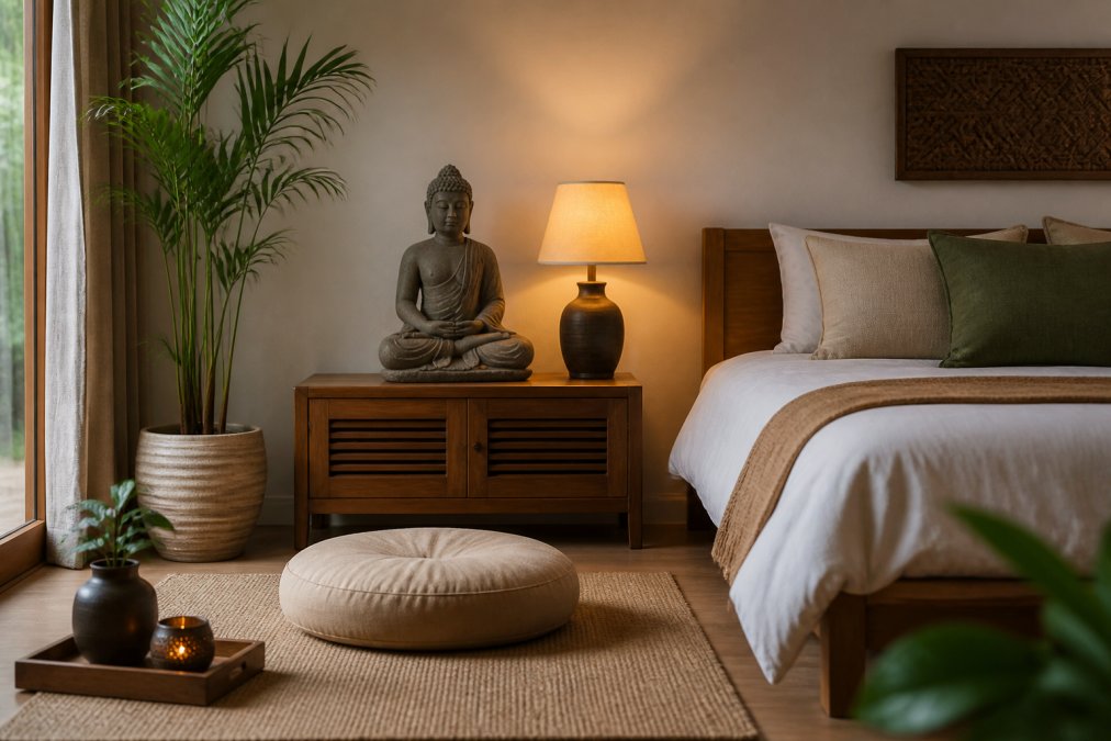 Contemporary bedroom meditation corner with a Buddha statue thoughtfully integrated into refined interior design, featuring complementary elements like potted plants, soft warm lighting from a table lamp, a meditation cushion on the floor nearby, and natural wood furniture creating a cohesive, peaceful sanctuary