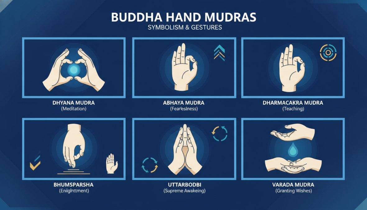 Close-up of carved Buddha statue hands displaying different mudra gestures with soft directional lighting highlighting the intricate finger positions and symbolic hand formations