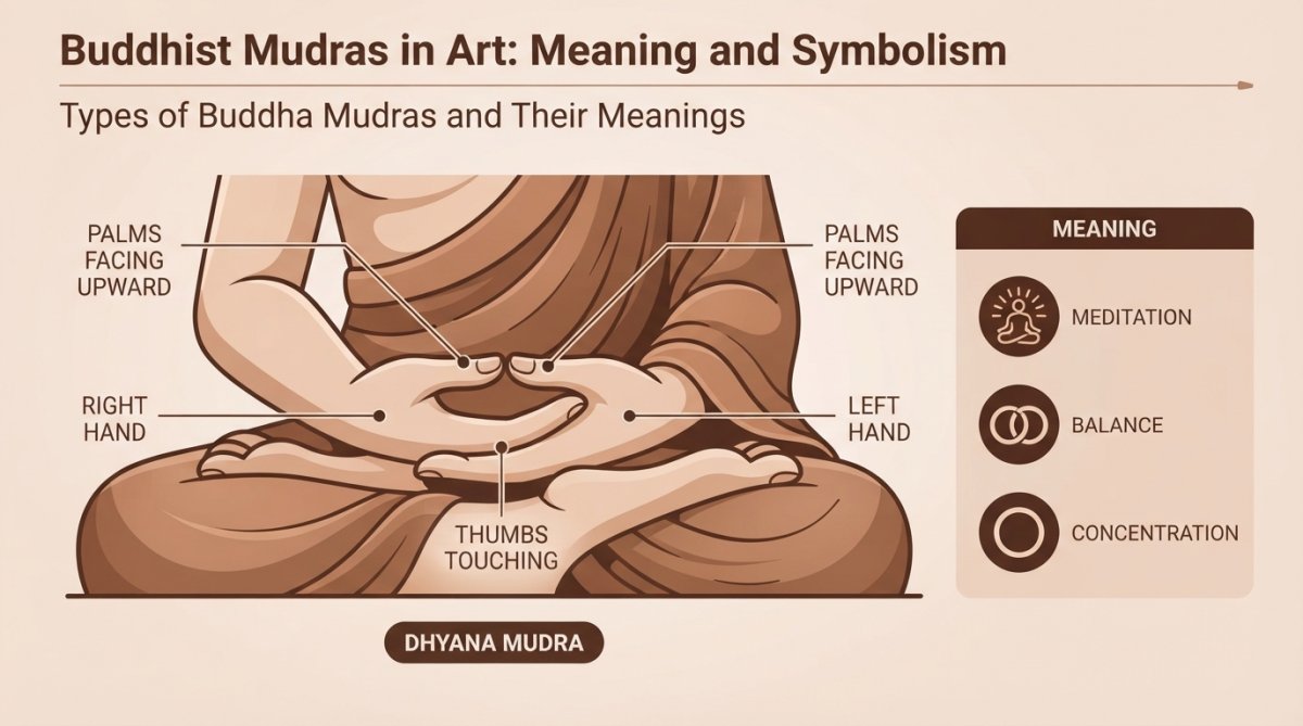 Close-up photograph of a bronze Buddhist statue's hands in meditation position, palms facing upward resting gently in lap, showing fine detail of fingers and ceremonial robes