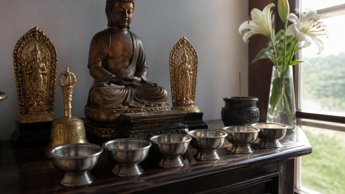 Close-up of a home Buddhist shrine with a row of small metal offering bowls filled with clean water, arranged neatly in front of a serene Buddha statue, soft morning light from a nearby window
