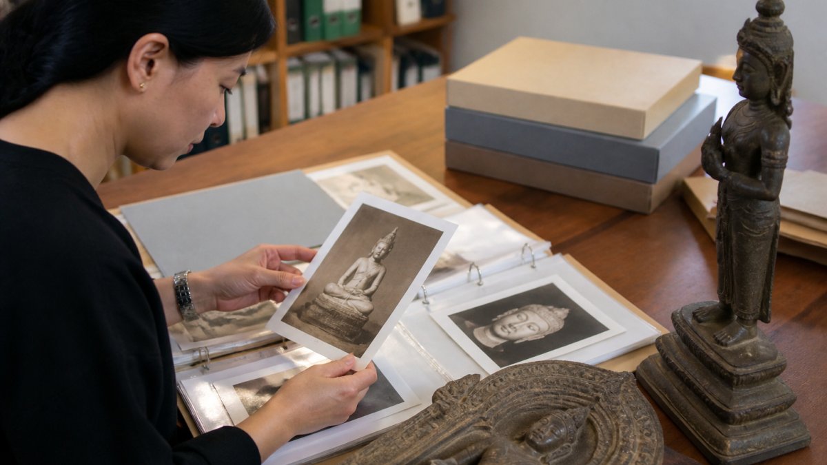 Researcher examining Buddhist sculpture documentation at a desk with laptop displaying museum database records and archival photographs in natural office lighting