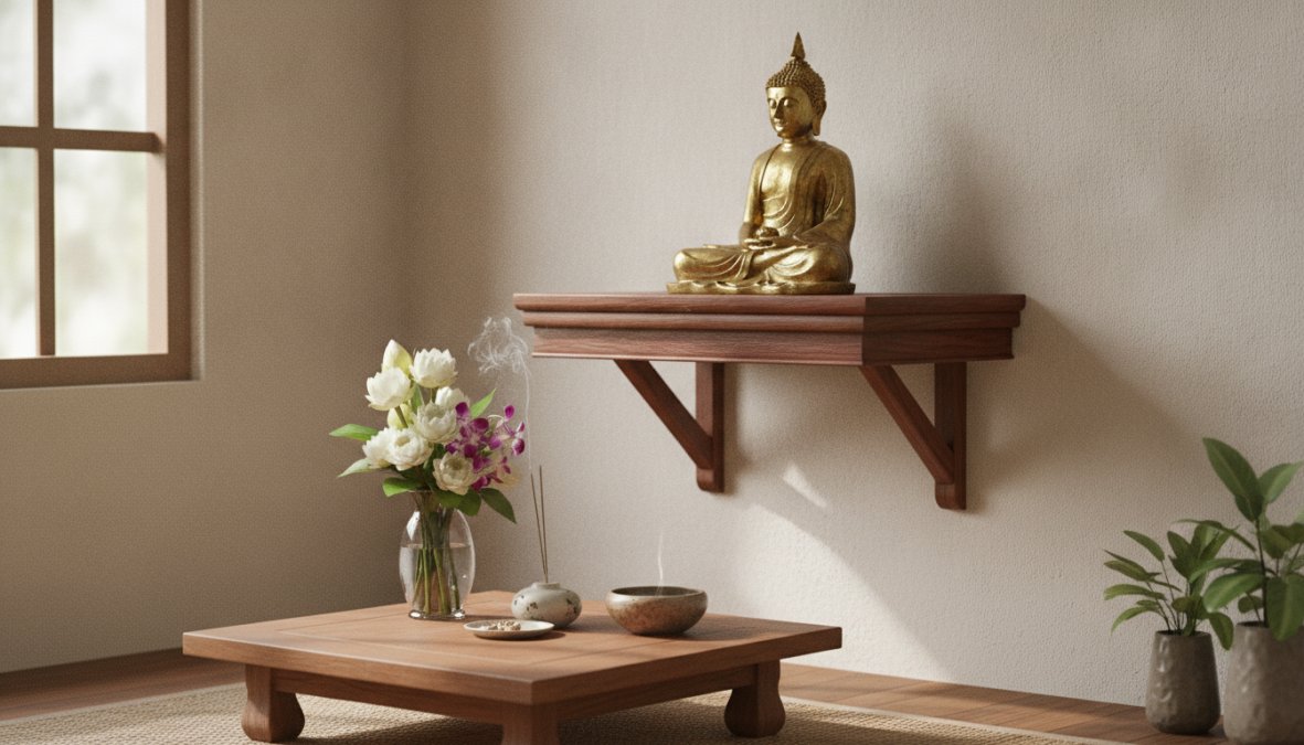 A serene home altar with a Buddhist statue elevated on a wooden shelf, soft natural lighting from a nearby window, with fresh flowers and incense creating a peaceful, clutter-free sacred space
