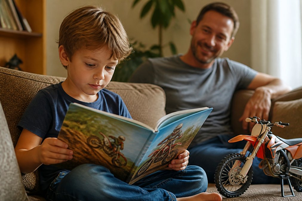 A young child sitting on a couch reading a colorful motocross-themed storybook, with a small toy dirt bike nearby and a parent smiling in the background
