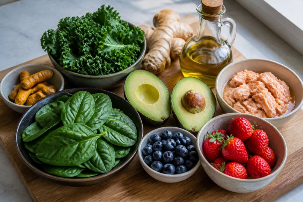 Fresh produce, olive oil, and salmon arranged on a wooden board for an anti-inflammatory shopping list.
