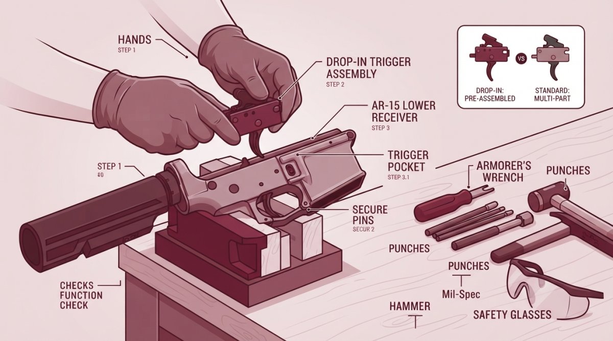 Hands installing a drop-in trigger assembly into an AR-15 lower receiver on a workbench, with tools and safety glasses visible in natural lighting