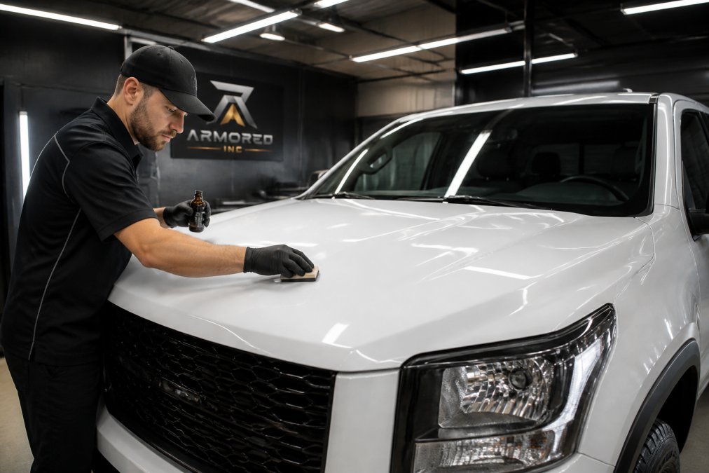 A technician in a professional uniform applying ceramic coating to the hood of a white commercial pickup truck inside a clean detailing bay with overhead LED lighting