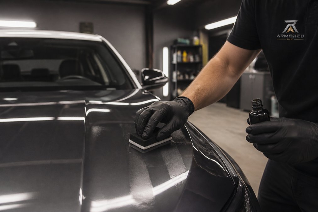 A car enthusiast's hands applying ceramic coating to a car hood with an applicator pad in a well-lit garage, coating bottle visible on the fender