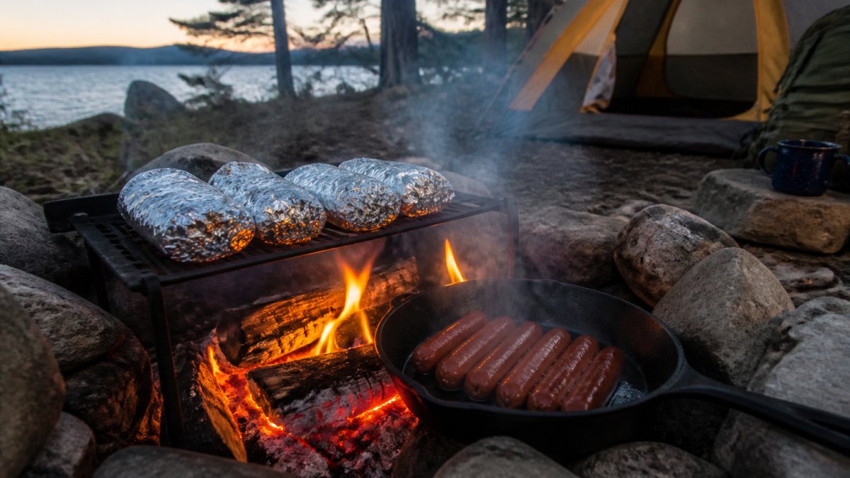 Campfire scene with foil packets cooking over flames and cast-iron skillet with hot dogs sizzling nearby, showing authentic camp cooking at dusk with smoke rising